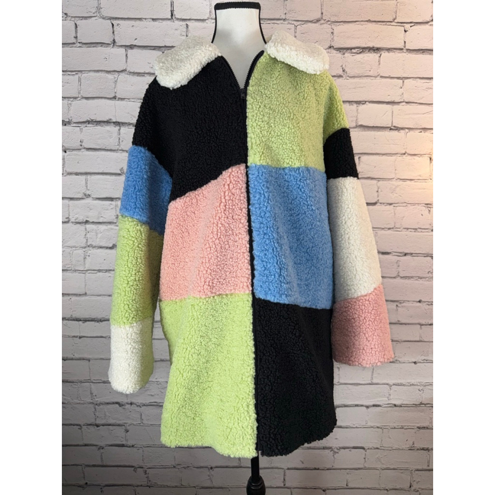 Gorman Colorblock Mod Teddy Bear Sherpa Coat size 12 Large Green Pink Black - Picture 2 of 10